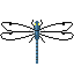 A small pixel art gif of a blue dragonfly, repeatedly flapping its wings that are semi-transparent